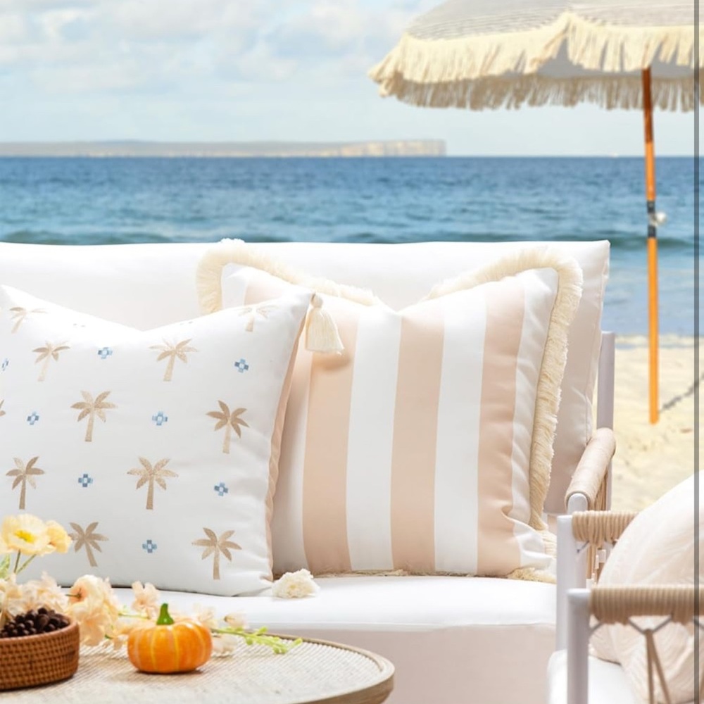 Set of 4 Striped Beige and White Outdoor Throw Pillow - Picture 2 of 5